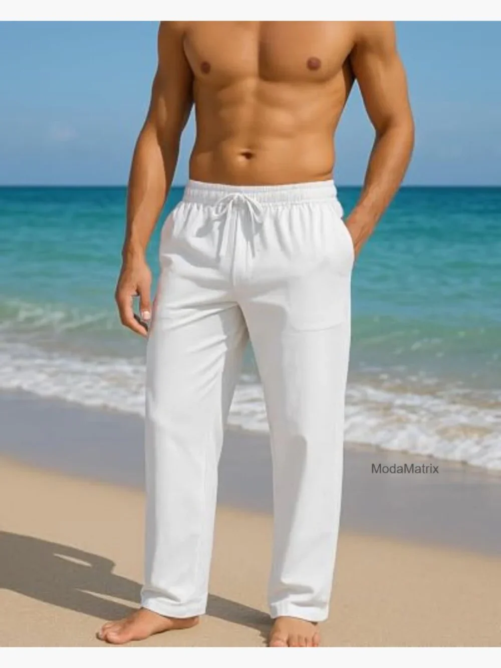 Men's Cotton Linen Drawstring Pants Loose Fit Beach Casual
